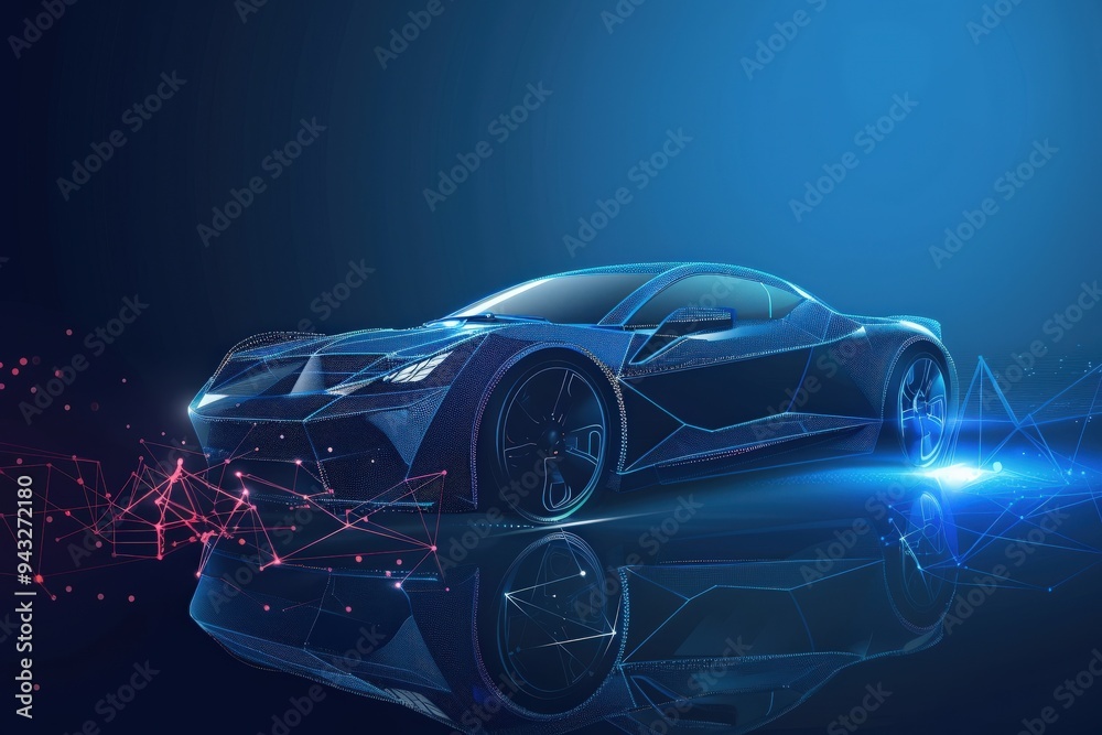 Car in blue x-ray on dark background. 3D rendering. Beautiful simple AI generated image Car in blue x-ray on dark background. 3D rendering. Beautiful simple AI generated image
