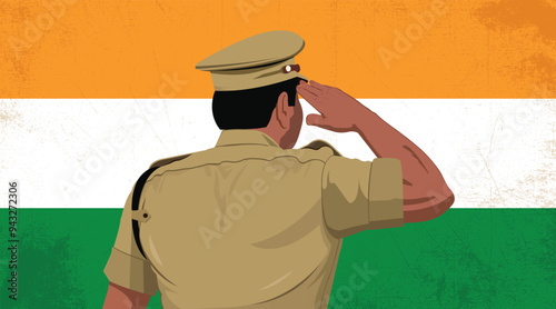 Indian Police officer Saluting Indian flag vector Illustration 