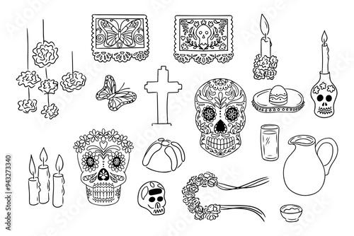 Dia de los Muertos sketchy contour drawing set. Vector black outline drawings for home altar isolated on white background. Ideal for decoration, stickers, tattoo, pattern