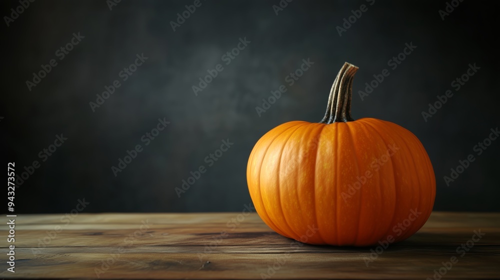 A vibrant orange pumpkin resting on a wooden table against a dark background during autumn A vibrant orange pumpkin resting on a wooden table against a dark background during autumn
