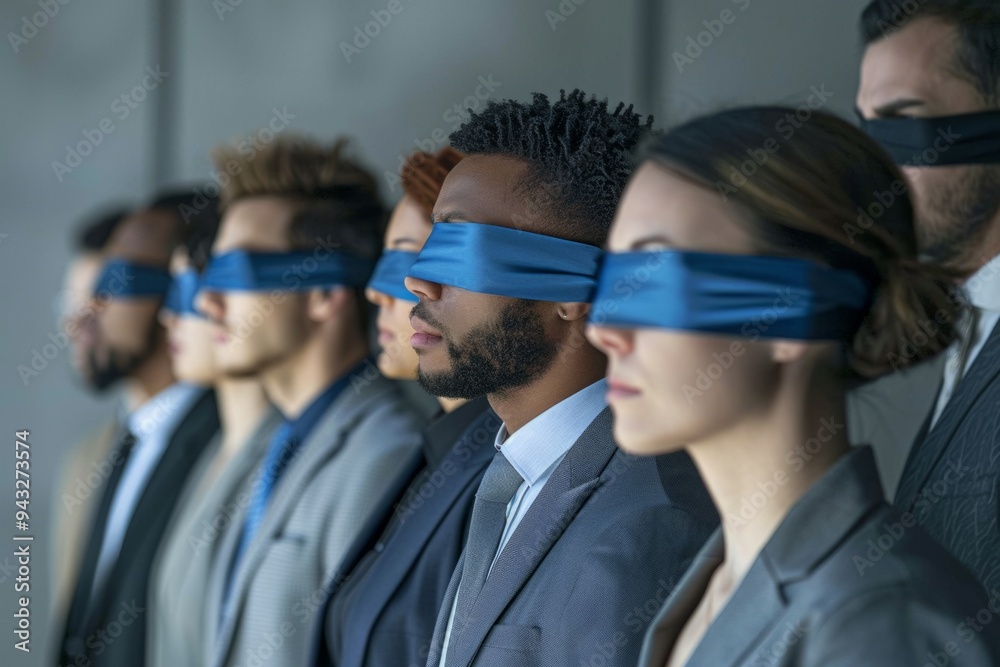 A diverse group of professionals stands united with blindfolds. This image expresses themes of trust and teamwork. It captures a moment of collective focus and determination. Generative AI A diverse group of professionals stands united with blindfolds. This image expresses themes of trust and teamwork. It captures a moment of collective focus and determination. Generative AI