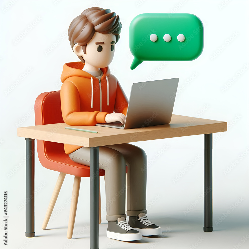 3D illustration of boys sitting at a desk with a laptop 3D illustration of boys sitting at a desk with a laptop