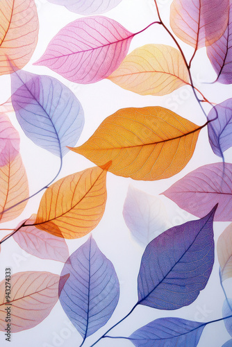 Pastel Leaves, Translucent leaves in soft pastel shades with detailed veining set against a gentle white background, perfect for nature-themed designs