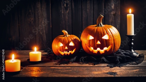 Festive Halloween pumpkins with candles on a rustic wooden table