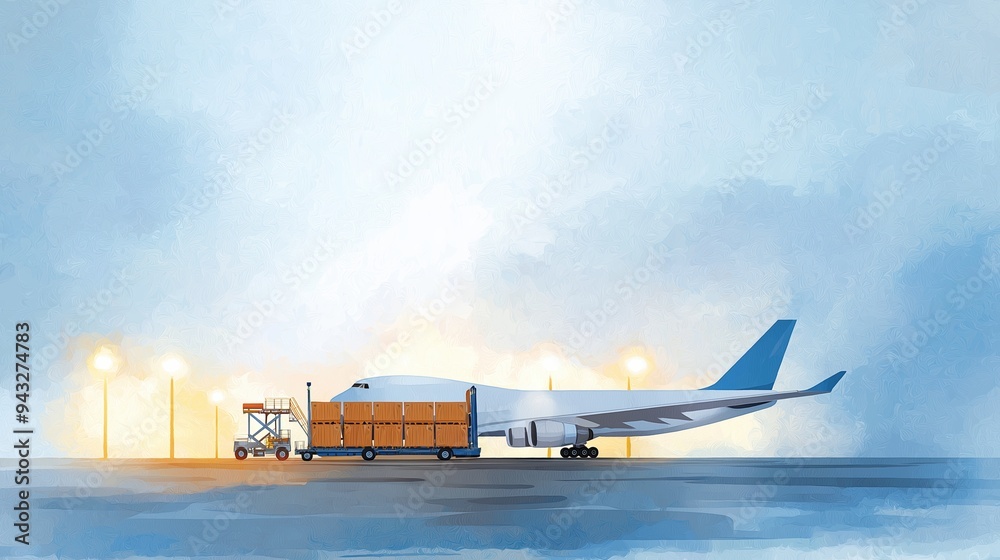 Fototapeta premium Cargo plane being loaded at night, illuminated by floodlights, watercolor style