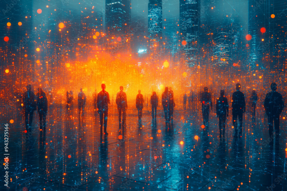 Futuristic Cityscape with Silhouettes of People and Glowing Digital Network, Depicting Technology and Urban Life Futuristic Cityscape with Silhouettes of People and Glowing Digital Network, Depicting Technology and Urban Life