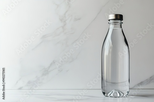 Minimalist clear water bottle on white marble photo