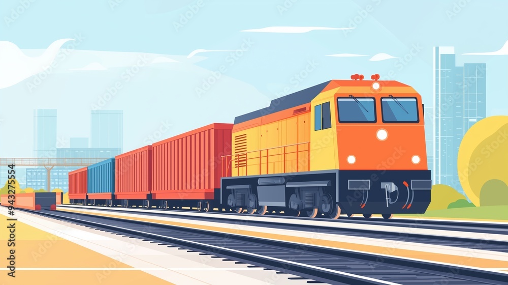 Freight trains on tracks, industrial background, flat design illustration Freight trains on tracks, industrial background, flat design illustration