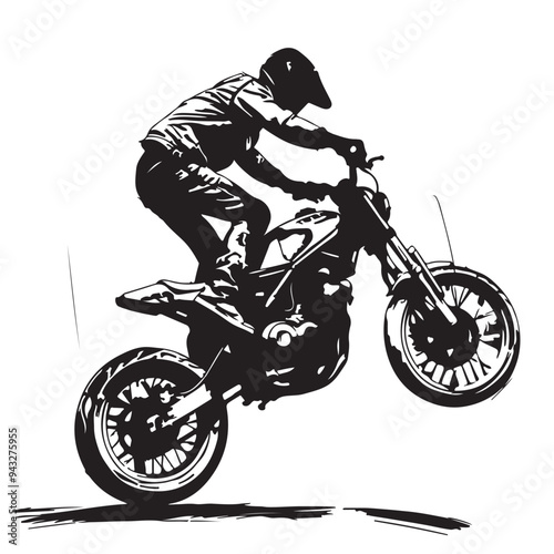 Silhouette of a biker doing freestyle tricks on his motorcycle on white background