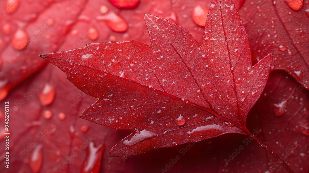 Fototapeta premium Vivid red maple leaf in focus ideal for seasonal and fall-themed wallpaper designs