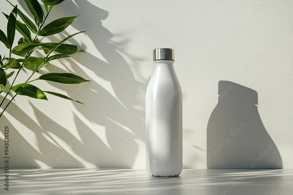 White bottle with plant shadow on light background