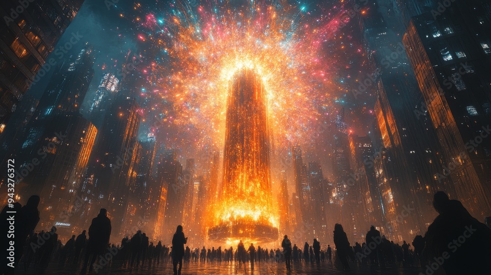 Obraz premium A dazzling explosion illuminates a towering structure in a vibrant, futuristic urban landscape.