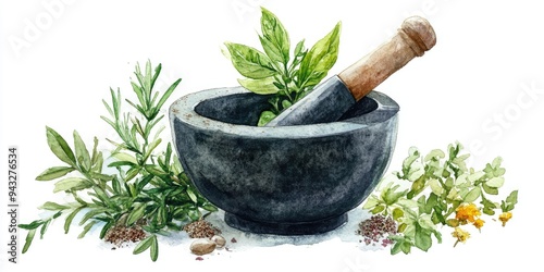 Watercolor illustration of a mortar used for grinding spices Detailed depiction of herbal blending for disease treatment Ethnoscience