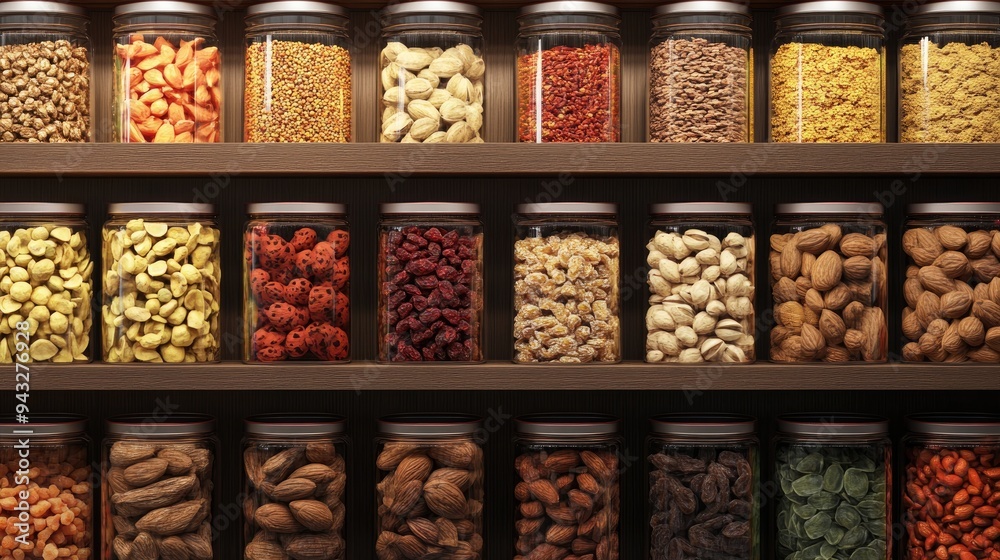 3D rendering of premium nuts and dried fruits display on a supermarket shelf 3D rendering of premium nuts and dried fruits display on a supermarket shelf