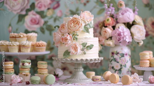 Floral cake with pastel buttercream flowers, matching cupcakes, and macarons on a floral stand