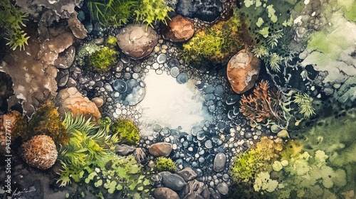 Watercolor illustration depicting the creation of art decor using epoxy resin natural stones and moss photo