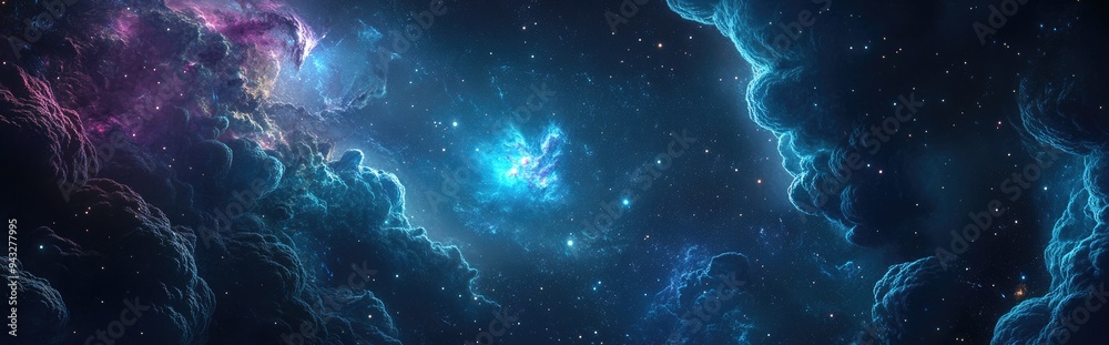 Space scape illustration featuring a 3D cartoon rendering of gas clouds and a starry field in the depths of the universe Space scape illustration featuring a 3D cartoon rendering of gas clouds and a starry field in the depths of the universe