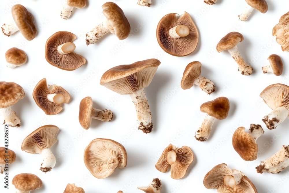 An array of fresh brown mushrooms scattered on a white background. Perfect for culinary designs or nature themes in food photography. Captivating details and textures. Generative AI An array of fresh brown mushrooms scattered on a white background. Perfect for culinary designs or nature themes in food photography. Captivating details and textures. Generative AI