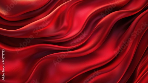 Vibrant red silk fabric waves, textured background, artistic fluid motion, vivid color aesthetics