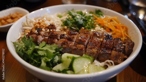 126. A bowl of Vietnamese bun cha (grilled pork and noodles)