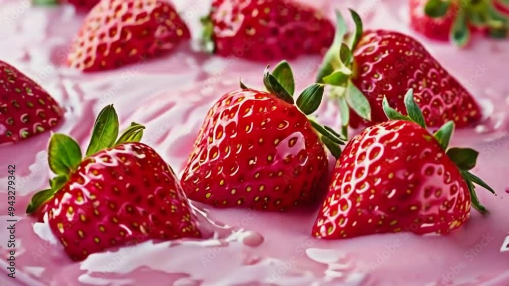 Close-up of strawberries floating in pink milk.