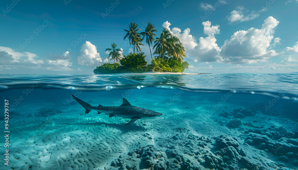 Tropical maldivian island in daylight with rainbow and Great White Shark underwater Tropical maldivian island in daylight with rainbow and Great White Shark underwater