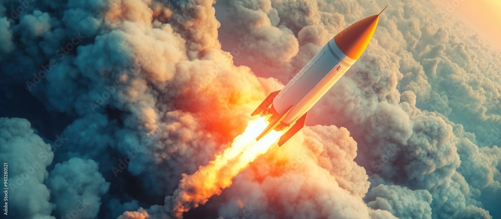 Modern space rocket in a beautiful cloudy sky 3D cartoon rendering
