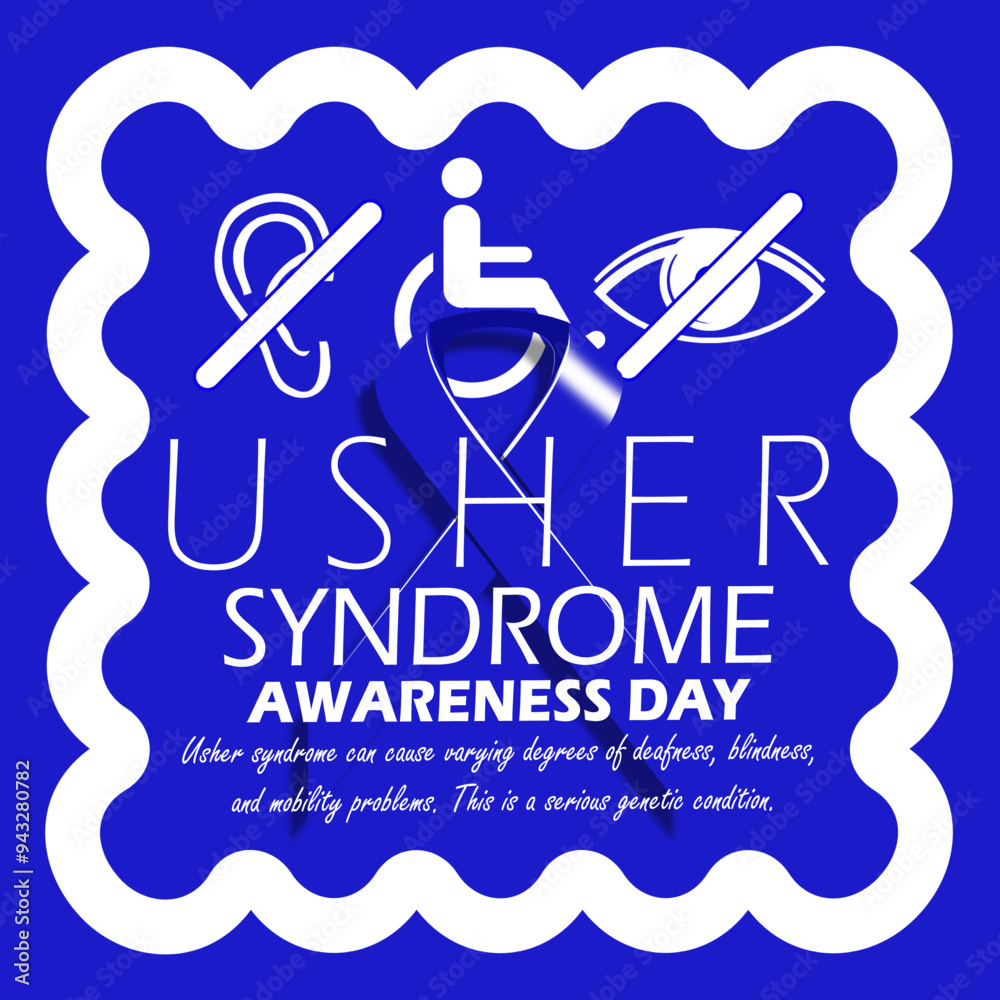 Usher Syndrome Awareness Day event banner. Icons without hearing, people in wheelchairs and icons without vision with bold text in frame on dark blue background to commemorate on September 21st Usher Syndrome Awareness Day event banner. Icons without hearing, people in wheelchairs and icons without vision with bold text in frame on dark blue background to commemorate on September 21st