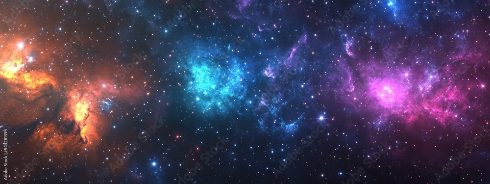 Space scene featuring a 3D cartoon rendering of a panorama filled with stars nebulae and galaxies in the universe Space scene featuring a 3D cartoon rendering of a panorama filled with stars nebulae and galaxies in the universe