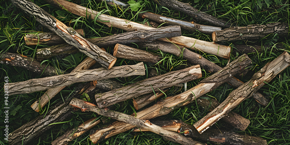 The image shows a collection of dead tree branches on a grassy surface, with a focus on a single branch with a knot. The image shows a collection of dead tree branches on a grassy surface, with a focus on a single branch with a knot.