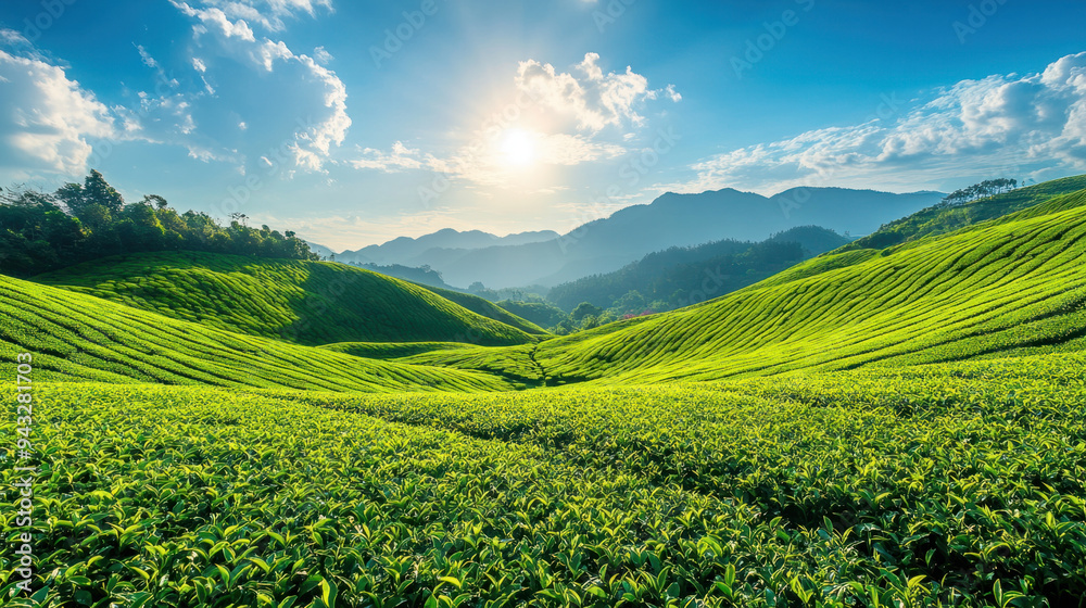 Green Tea Fields, Vibrant green tea plantation on rolling hills under a bright blue sky, showcasing nature's beauty and agricultural landscapes Green Tea Fields, Vibrant green tea plantation on rolling hills under a bright blue sky, showcasing nature's beauty and agricultural landscapes