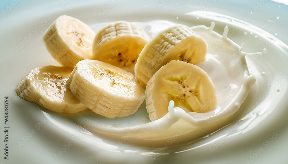 banana pieces falling in vanilla milk banana pieces falling in vanilla milk