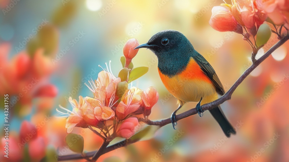 Fototapeta premium Colorful Bird Perched on a Branch with Pink Blossoms