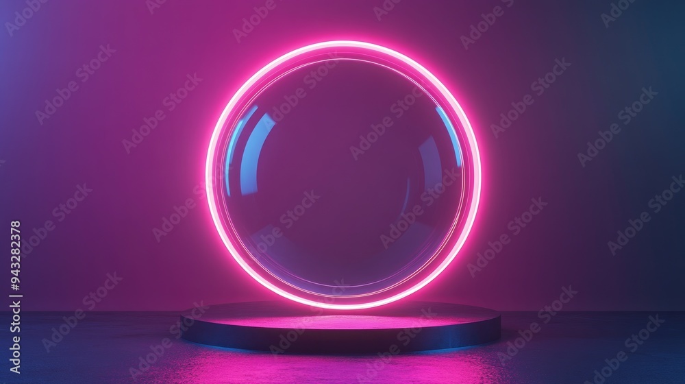 Obraz premium 3D rendered abstract geometric backdrop featuring luminous neon lines within a circular glass shape Stylish minimalist wallpaper design