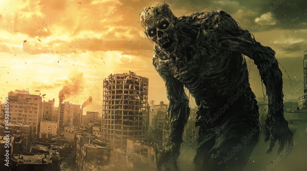 A cinematic poster for a zombie movie, featuring a terrifying zombie looming over a city in ruins A cinematic poster for a zombie movie, featuring a terrifying zombie looming over a city in ruins