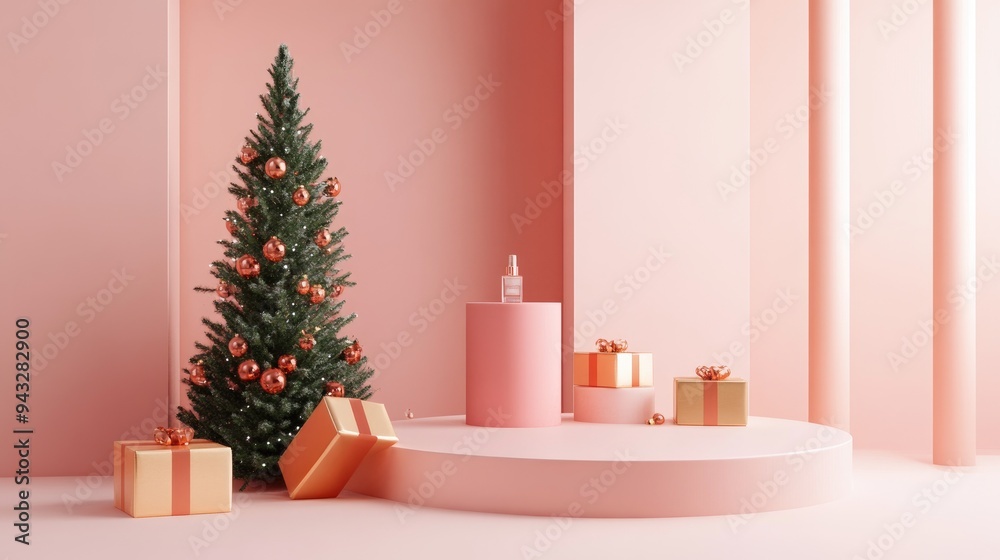 3D rendering of an abstract minimalistic scene featuring geometric podium shapes ideal for cosmetic product displays along with festive elements like a Christmas tree and gift box in a studio sett 3D rendering of an abstract minimalistic scene featuring geometric podium shapes ideal for cosmetic product displays along with festive elements like a Christmas tree and gift box in a studio sett