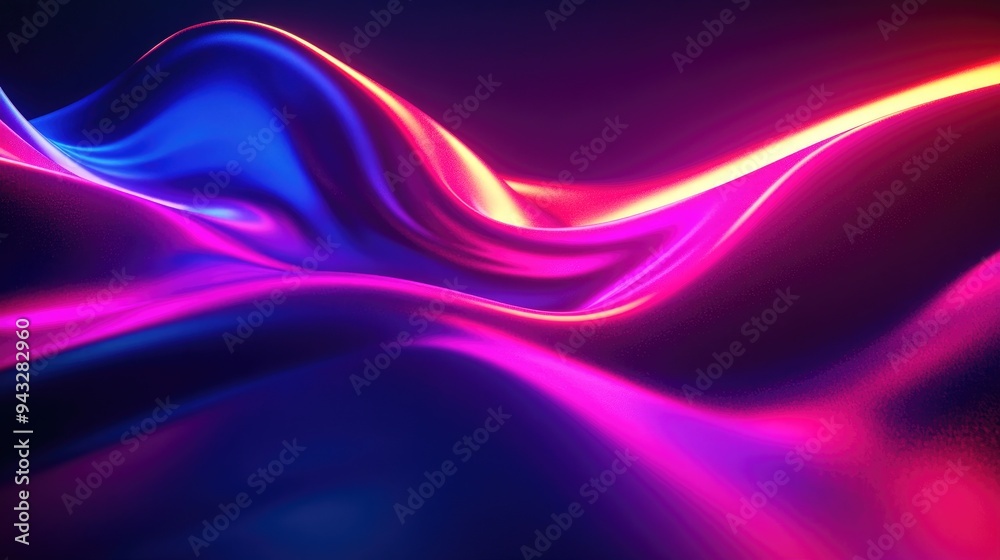 3D rendering of an abstract shape illuminated in ultraviolet hues with flowing neon lines against a vibrant backdrop Ideal for advertising marketing and design purposes