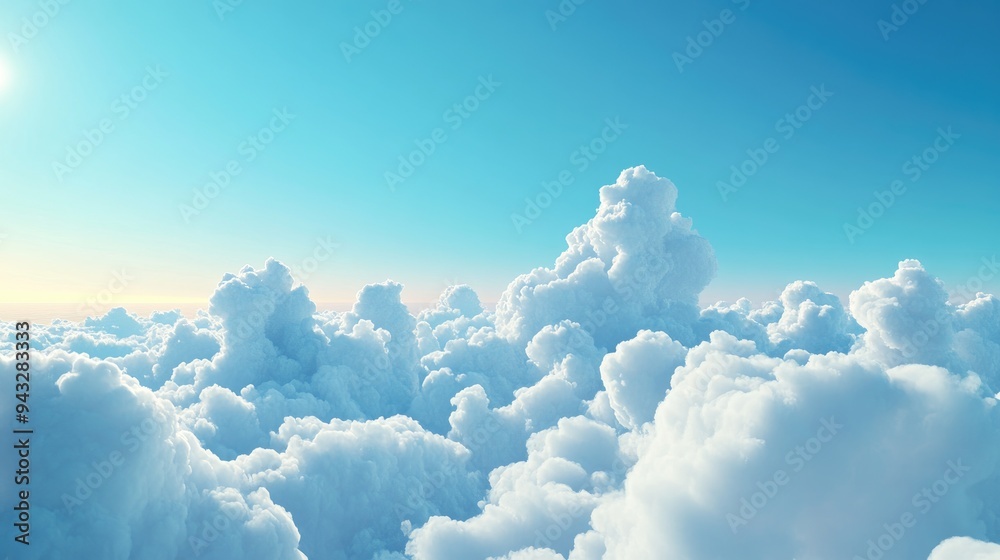 Clear blue sky adorned with fluffy white cumulus clouds A morning scene depicted through 3D illustration Clear blue sky adorned with fluffy white cumulus clouds A morning scene depicted through 3D illustration