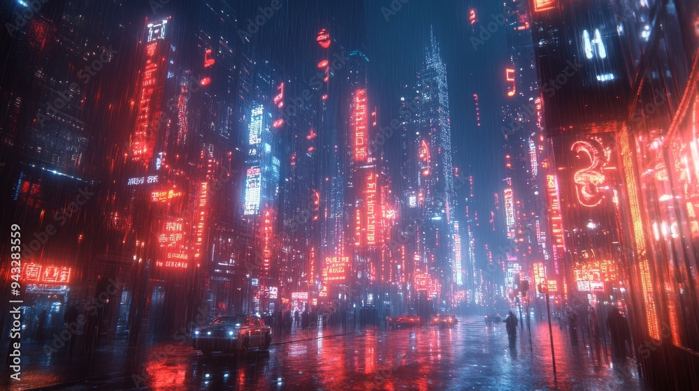A crowded urban street glows with neon signs, reflecting on wet pavement while people walk under umbrellas. A crowded urban street glows with neon signs, reflecting on wet pavement while people walk under umbrellas.