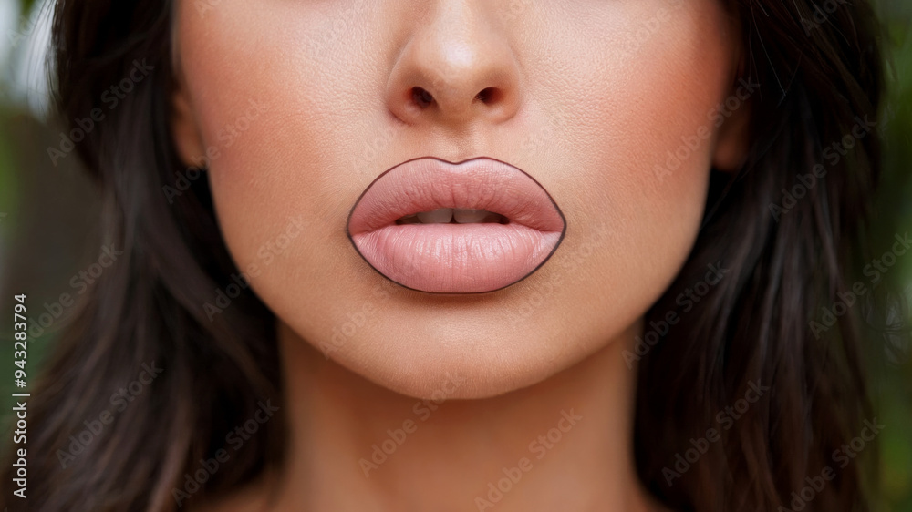 Closeup of woman lips with natural pink lipstick. Beauty, fashion and cosmetics concept. For design, print, card, banner, poster, flyer, advertising Closeup of woman lips with natural pink lipstick. Beauty, fashion and cosmetics concept. For design, print, card, banner, poster, flyer, advertising