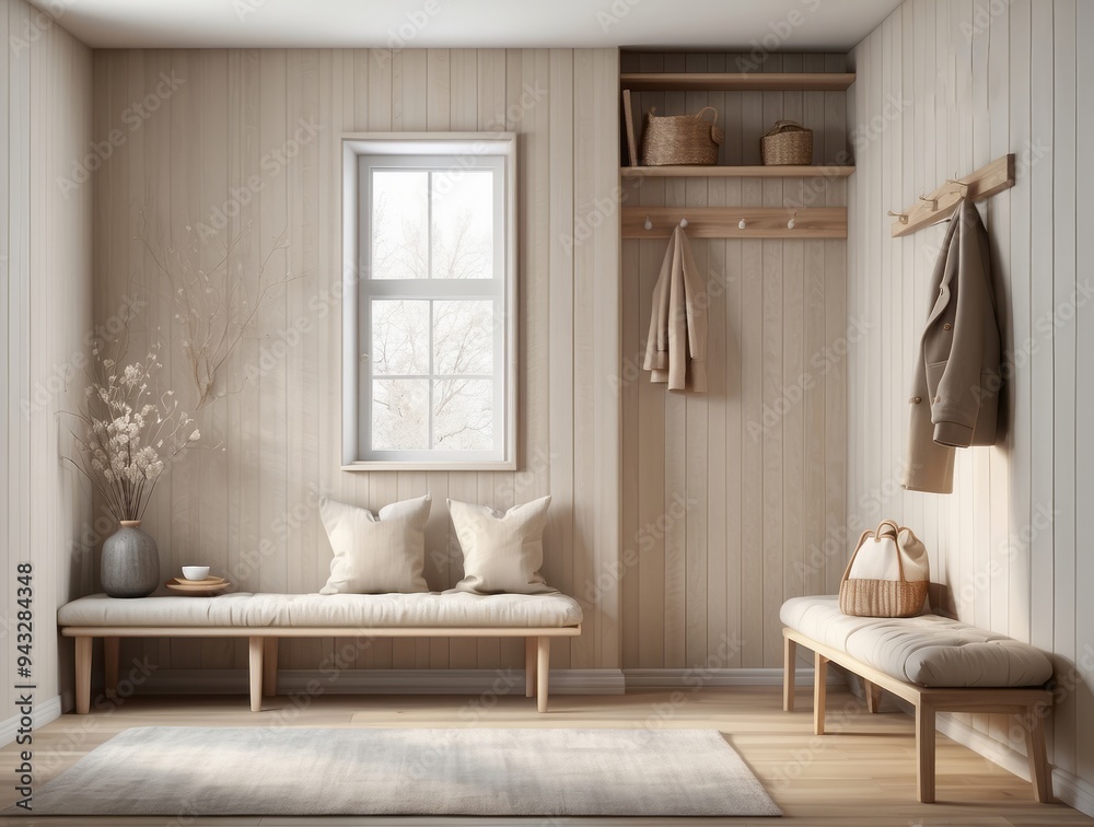 Minimalist Entryway with Wooden Bench, Coat Rack, and Shelf Minimalist Entryway with Wooden Bench, Coat Rack, and Shelf