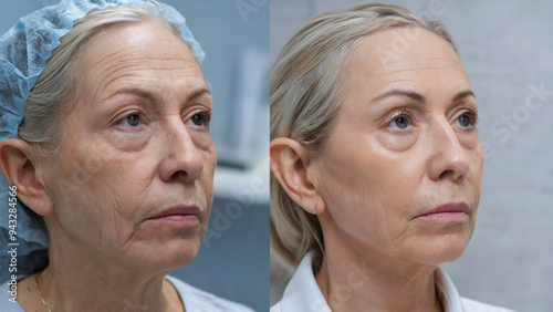 Mature woman's face before and after cosmetic procedures or plastic surgery. Modern aesthetic medicine. Anti-aging treatment. For beauty clinic, spa, cosmetology