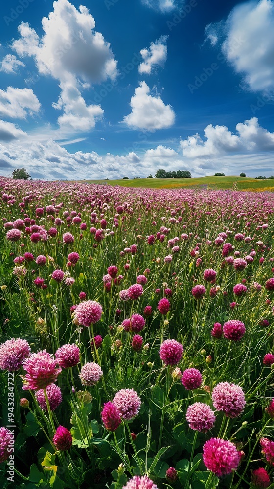 Field of Pink Flowers Under a Blue Sky with White Clouds Field of Pink Flowers Under a Blue Sky with White Clouds
