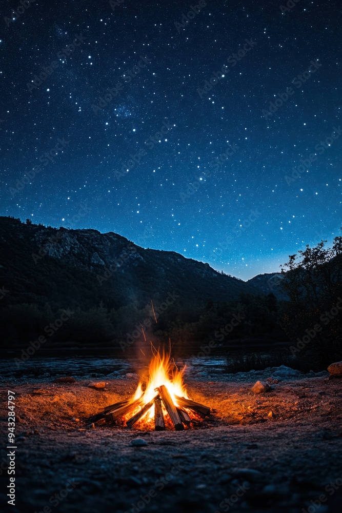 campfire night, A bright campfire glows under a clear starry sky, surrounded by serene mountains, creating a peaceful outdoor atmosphere campfire night, A bright campfire glows under a clear starry sky, surrounded by serene mountains, creating a peaceful outdoor atmosphere
