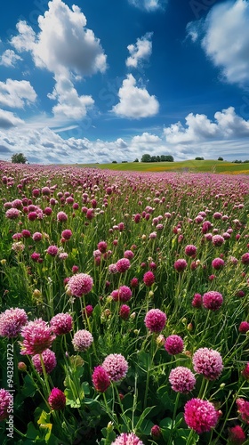 Wallpaper Mural Field of Pink Flowers Under a Blue Sky with White Clouds Torontodigital.ca