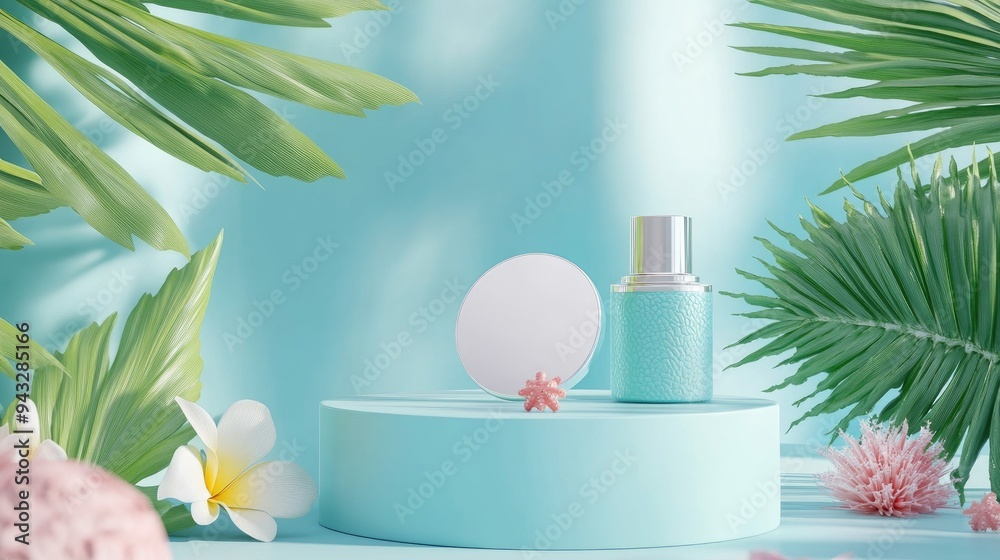 3D podium for showcasing products with a summer theme Display platform for cosmetic promotions 3D podium for showcasing products with a summer theme Display platform for cosmetic promotions