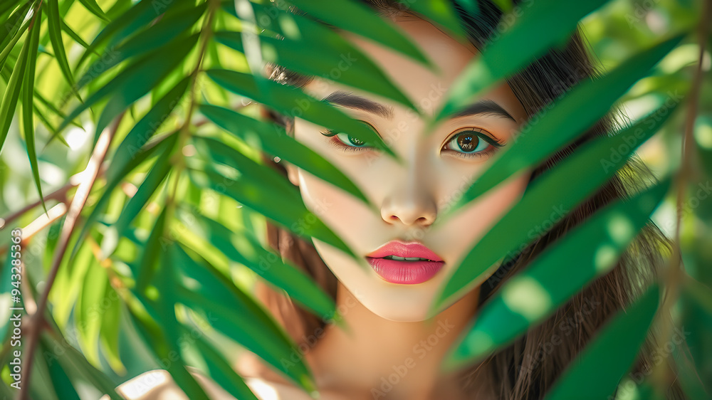 Beauty portrait of woman with natural makeup and sensual eyes, sexy lips, nude with bare shoulder, surrounded by palm frond leaves. Amazing natural portrait, gorgeous Asian girl closeup. AI generated Beauty portrait of woman with natural makeup and sensual eyes, sexy lips, nude with bare shoulder, surrounded by palm frond leaves. Amazing natural portrait, gorgeous Asian girl closeup. AI generated