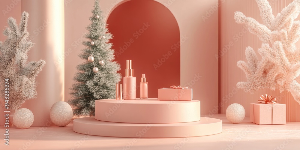 3D rendering of an abstract minimal mock up scene featuring a geometric podium for showcasing cosmetic products accompanied by a decorative tree and gift box in a festive studio setting 3D rendering of an abstract minimal mock up scene featuring a geometric podium for showcasing cosmetic products accompanied by a decorative tree and gift box in a festive studio setting