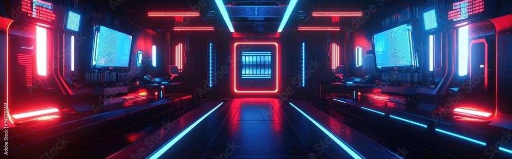 3D illustration of an abstract gaming background featuring a sci fi cyberpunk aesthetic and a neon stage display showcase