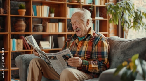 The elderly man reading newspaper